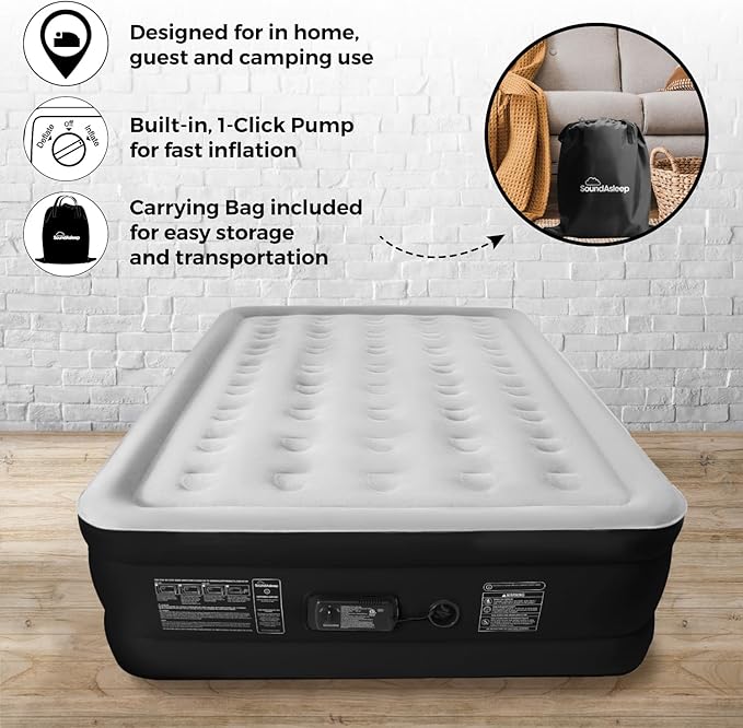 SoundAsleep Dream Series Luxury Air Mattress with ComfortCoil Technology &amp Built-in High Capacity Pump for Home &amp Camping- Double Height Adjustable Inflatable Blow Up Portable - Queen Size