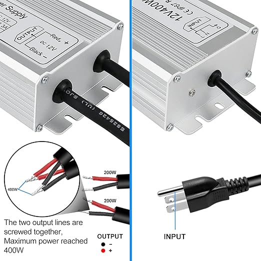 inShareplus 400W 12V Power Supply IP67 Waterproof Outdoor LED Driver AC 90-140V to DC 12 Volt 33.3A Converter Low Voltage Transformer with 3-Prong Plug for LED Light and Other 12V DC Products