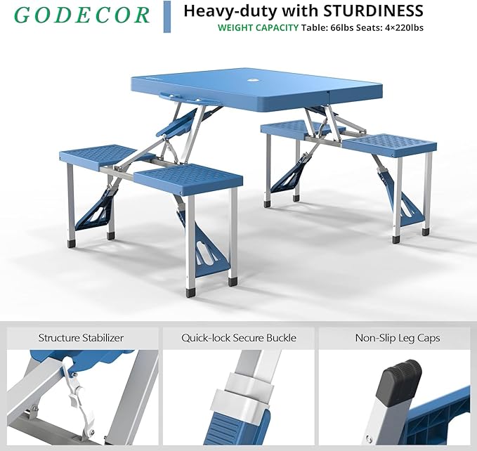 4Ft Folding Camping Picnic Table with 4 Chairs with Umbrella Hole Lightweight Suitcase Card Table-220 Lbs Support Aluminum Frame Plastic RV Tabletop for Outdoor Party Beach and Backyard