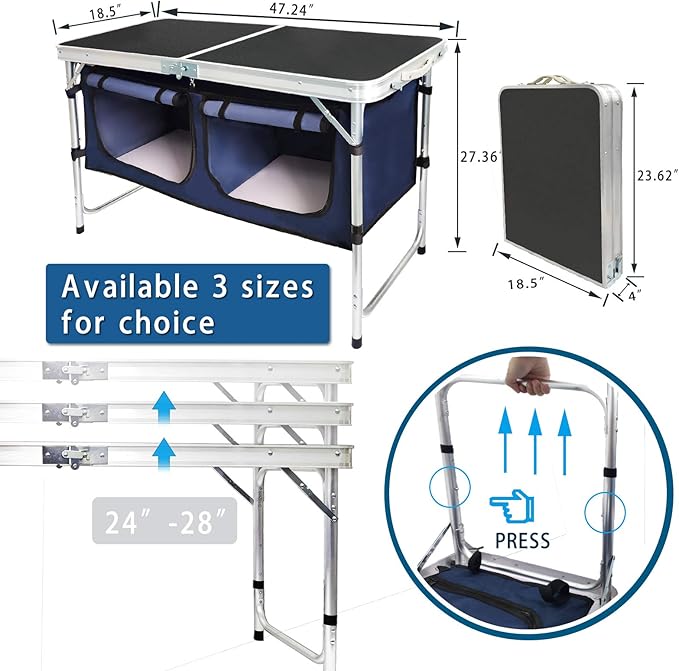 CampLand Outdoor Folding Table Aluminum Lightweight Height Adjustable with Storage Organizer for BBQ Party Camping