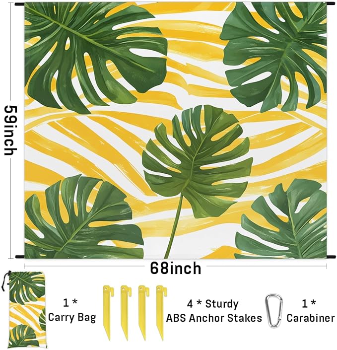Waterproof Sandproof Beach Blanket 59''×68'' Watercolor Tropical Leaves Polyester Outdoor Picnic Blanket with 4 Stakes &amp Storage Bag for BeachCampingVacation