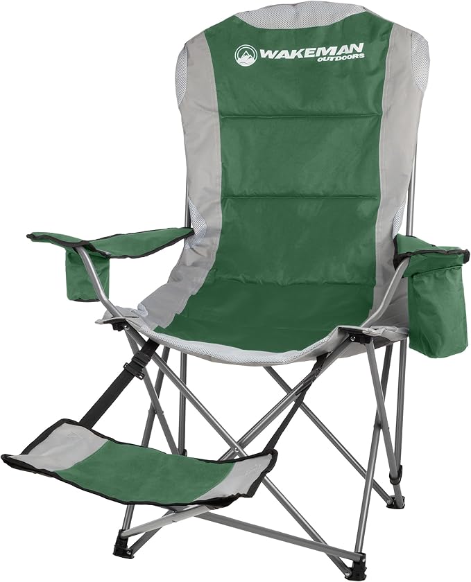 Camping Chair with Foot Rest - 300lb Capacity Beach Chair with Footrest Cupholder and Cooler Pouch - Portable Chair by Wakeman Outdoors (Green)