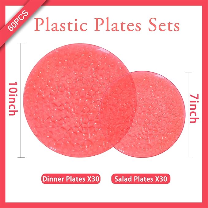 Rubtlamp 60 Pcs Red Plasitc Plates Heavy Duty DisposableClear Red Disposable Plates Hammered Plastic plates Include 30 Dessert Platos 30 Dinner Platos for Party