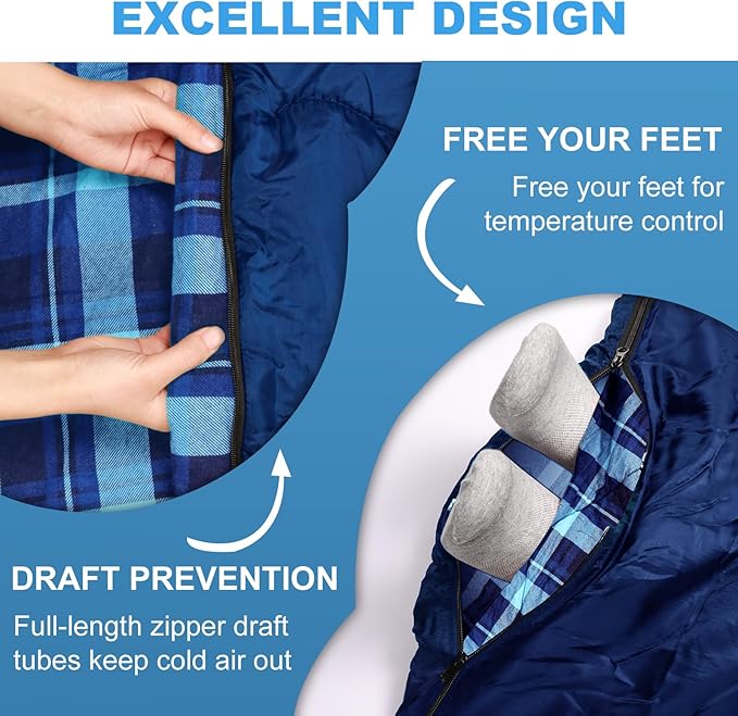 XL Queen Size 2 Person Double Sleeping Bag for Adults Lightweight Compact with Flannel Liner &amp Thermolock Draft Tube Machine Washable All Season Camping Travel