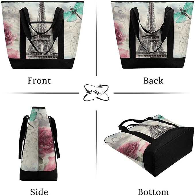 Insulated Shopping BagLarge Reusable Cooler Bags Dragonfly French Tower Printed Foldable Shopping BagTravel Waterproof Shoulder Bag