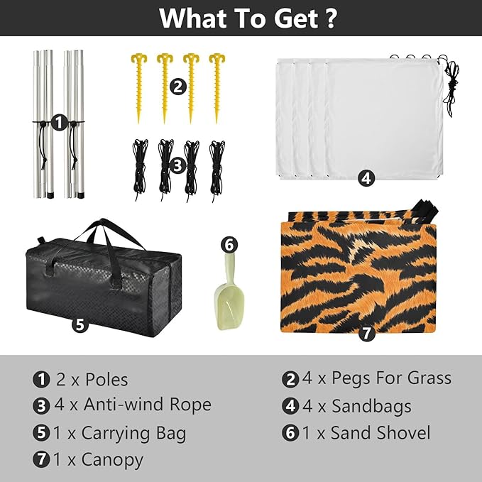 ALAZA Yellow Tiger Print Beach Tent Sun Shelter UPF50+ Protection Beach Shade Canopy w/ 4 Sandbags for Outdoor Camping Fishing Backyard Fun Picnic 10x9 ft