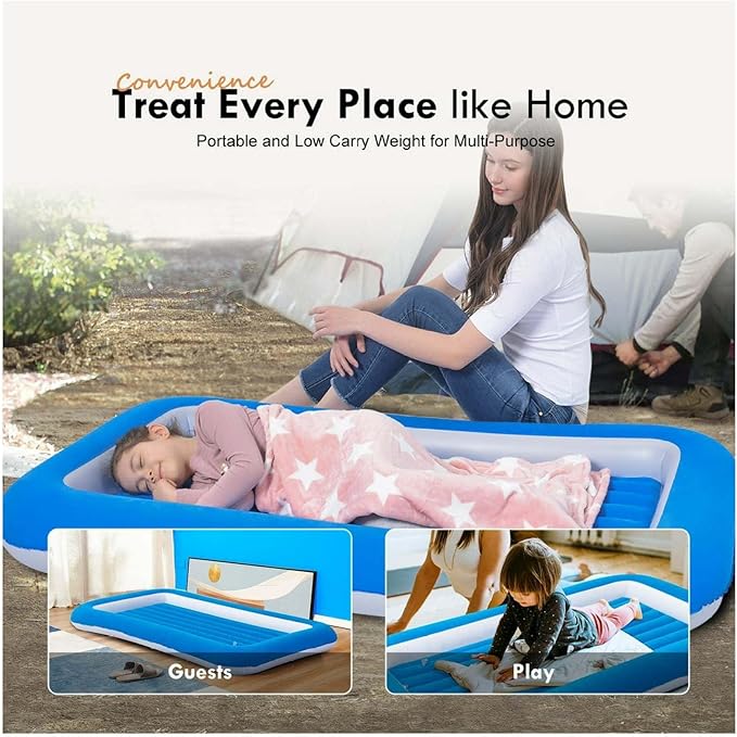 Travel Air Mattress Inflatable Bed with Raised Sides Blue - Portable Camping Airbed for Sleepovers Guests Travel - 60 x 35 x 7 Inch