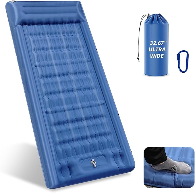 32.68 Extra Wide Sleeping Pad for Camping Camping Mattress with Pillow Inflatable Sleeping Pads with Built-in Foot Pump 5.11 Thickened Sleeping Mat for Backpacking Hiking Tent (Blue)
