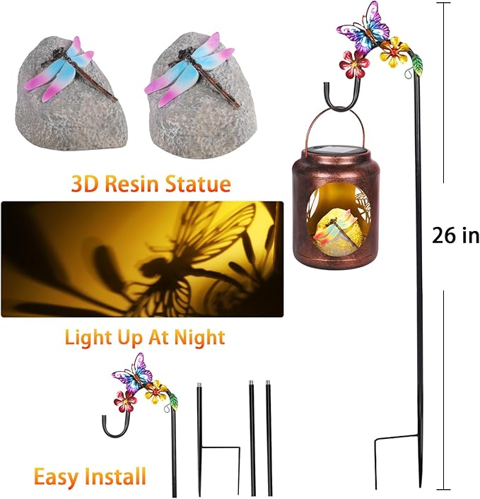Dragonfly Patterns Metal Solar Lantern with Resin Dragonfly InsideOutdoor Garden Decor with Shepherds Hook for Yard Patio Backyard PorchGifts for Mom Women Grandma