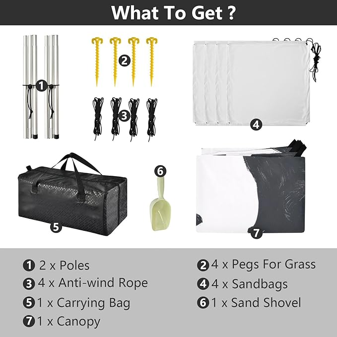 Black Cats Beach Tent Sun Shelter 9.2' x 10.5' Beach Canopy with 4 Sandbags 4 Stability Poles Sand Shovels - Tent Canopy for Beach Camping Fishing Picnics