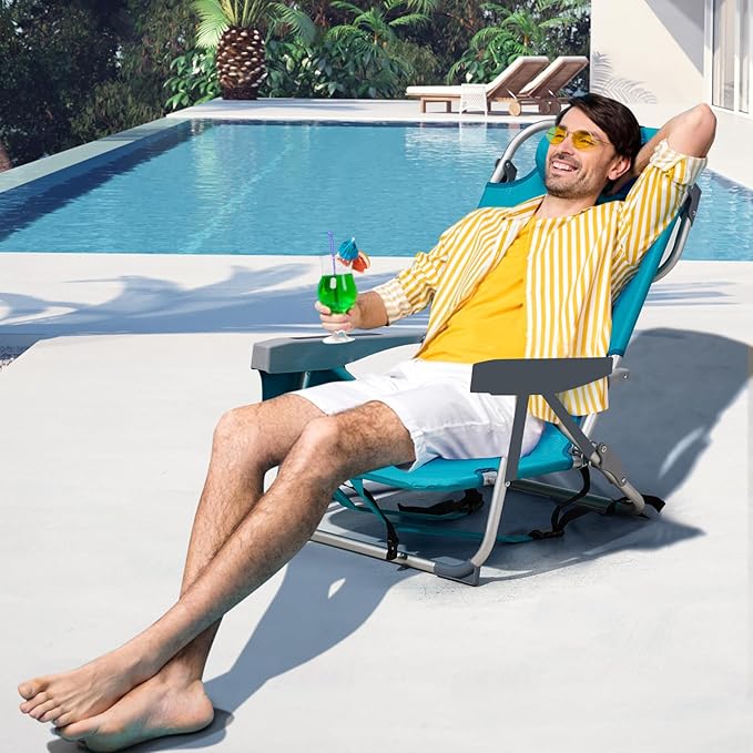 Portable Lightweight Folding Chair for AdultsOutdoor Low Beach Lawn ChairsPortable Backpack Foldable Camping ChairFolding Beach Chairwith Cup Holderfor Patio Pool Yard Garden (Mint Green)