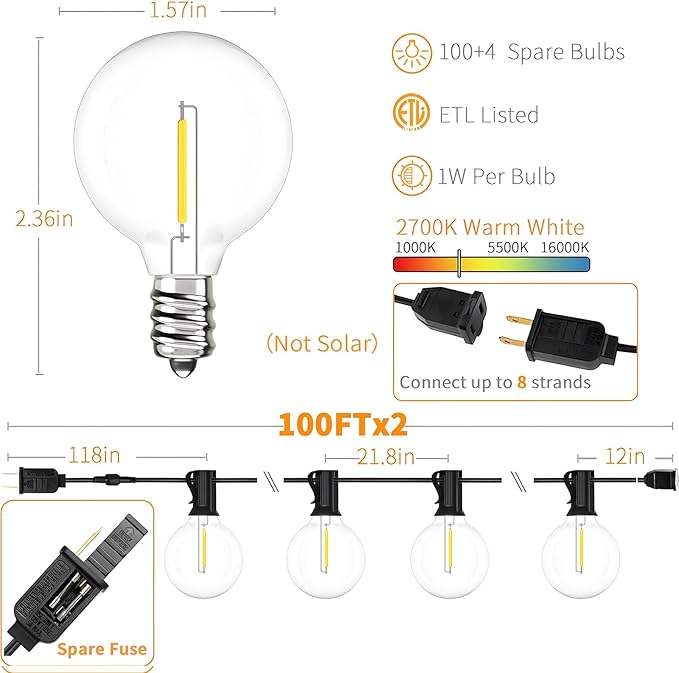 Svater Outdoor String Lights 200 FT Patio Lights with 104 Shatterproof LED Bulbs Commercial Grade Waterproof Plastic Hanging Light for Bistro Backyard Cafe Market Warm White 2700K (2 X 100 FT)