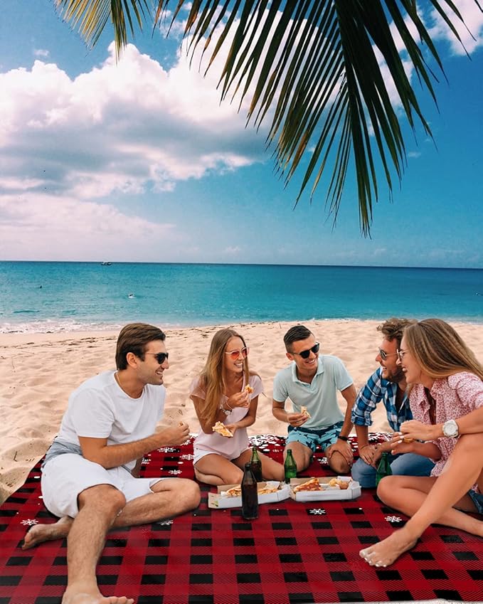 Beach Blanket Waterproof Sandproof Christmas White Snowflake Quick Drying Beach Mat with 4 Stakes Red Black Buffalo Checkered Lightweight Picnic Blanket for Travel Camping Outdoor 108x84