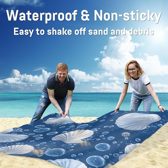 Waterproof Sandproof Beach Blanket 59''×68'' Sea Scallop Polyester Outdoor Picnic Blanket with 4 Stakes &amp Storage Bag for BeachCampingVacation Blue