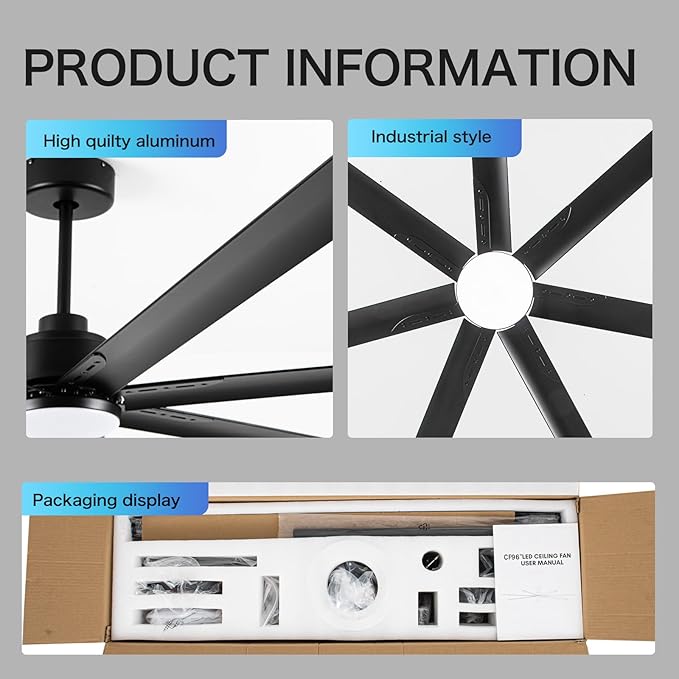 96 Inch Industrial Ceiling Fans with LightBlack HVLS Ceiling Fan with 6 Speeds Reversible MotorHigh CFM Indoor/Outdoor Ceiling Fan with 7 Aluminum Blades for Barn shopCommercial