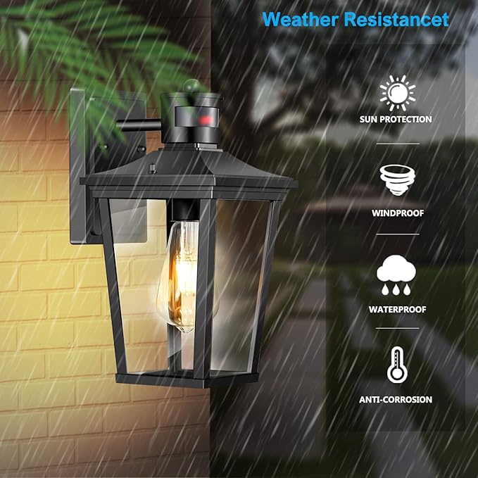 Motion Sensor Outdoor Wall Lights - Dusk to Dawn Waterproof Aluminum Fixtures for Porch Garage Balcony &amp Entrance Doors | Wall Mounted Exterior Lighting in Black Gold