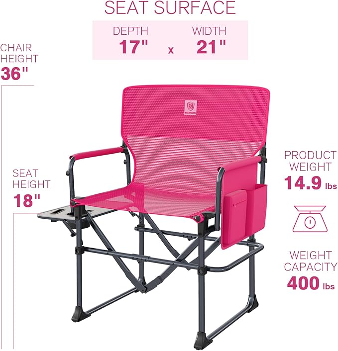 EVER ADVANCED Camping Directors' Chair with Side Table Portable Folding with Compact Size Breathable &amp Quick Dry Design Heavy Duty Lawn Chair with Pocket 400lbs Textilene Mesh Pink