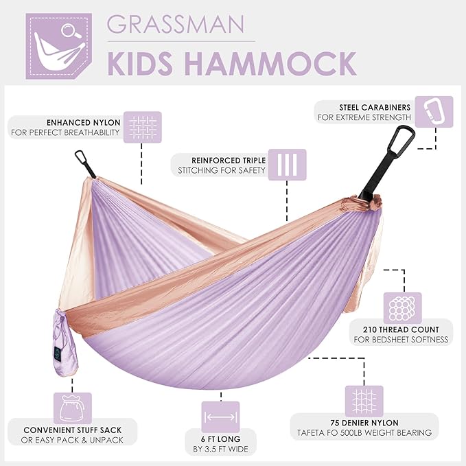 GRASSMAN Kids Hammock-Small Camping hammocks Portable Camping Gear for Child Indoor/Outdoor use with Tree Straps &amp Carabiners Purple
