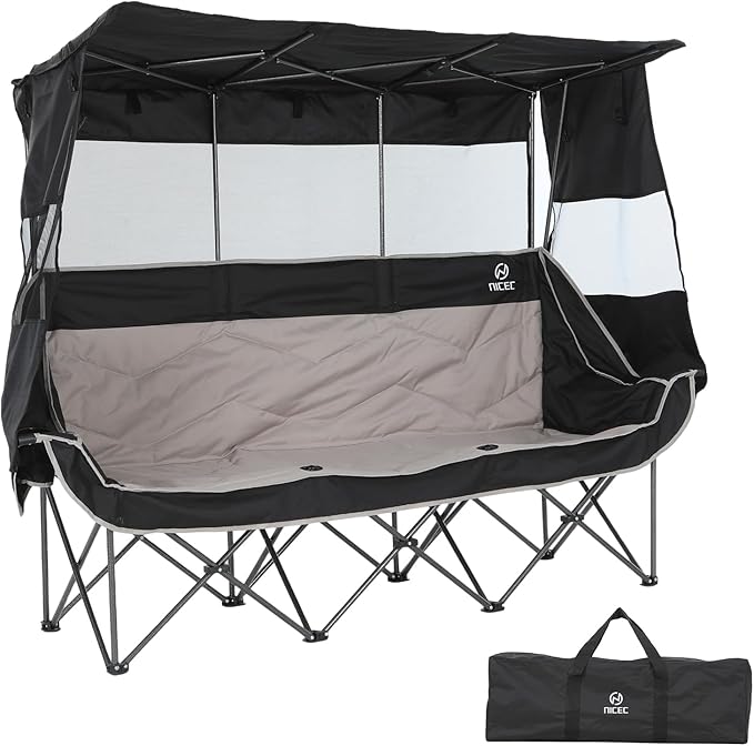 Nice C 3 Person Camping Chair with Canopy Double Chairs with Sun Shade Umbrella Chairs Loveseat Folding Portable Padded Sports Chair with Cup Holder Cooler Bag for Outdoors Lawn (Black&ampGrey