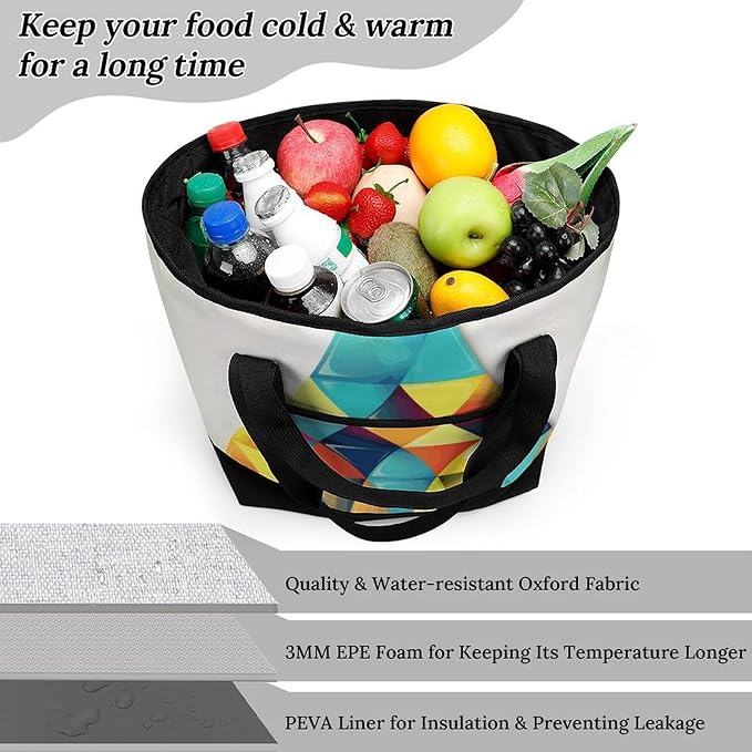 Insulated Shopping BagLarge Reusable Cooler Bags Colorful Triangle Printed Foldable Shopping BagTravel Waterproof Shoulder Bag
