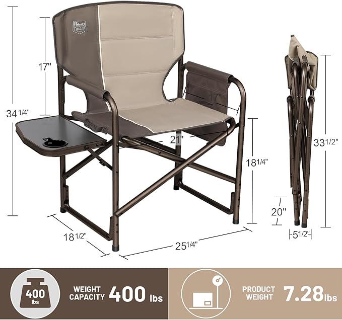 Timber Ridge Aluminum Oversized Camping Chair Lightweight Portable Directors Chair with Side Table Detachable Side Pocket for Outdoor Camping Lawn Picnic Support 400lbs Tan