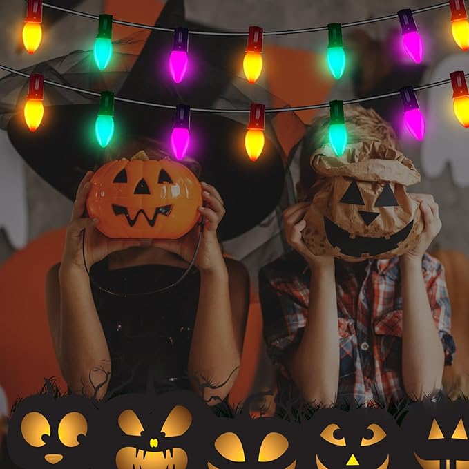C7 LED Halloween String Lights 25FT Vintage Colorful Lights with 27 Orange/Green/Purple LED Bulbs Outdoor String Lights for Halloween Christmas Tree Party Backyard - Black Wire