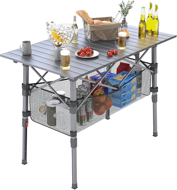 Portable Camping Table with Adjustable Height Legs Lightweight Aluminum Roll-up beach tables for sand foldableFolding Picnic Table Large Storage Basket for Outdoor camping (Black Medium 37)