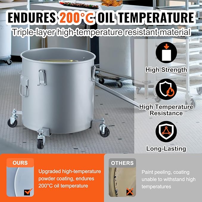 VEVOR Fryer Grease Bucket 8 Gal Oil Disposal Caddy with Caster Base Carbon Steel with Rust-Proof Coating Oil Transport Container with Lid Lock Clips Filter Bag for Hot Cooking Oil Filtering