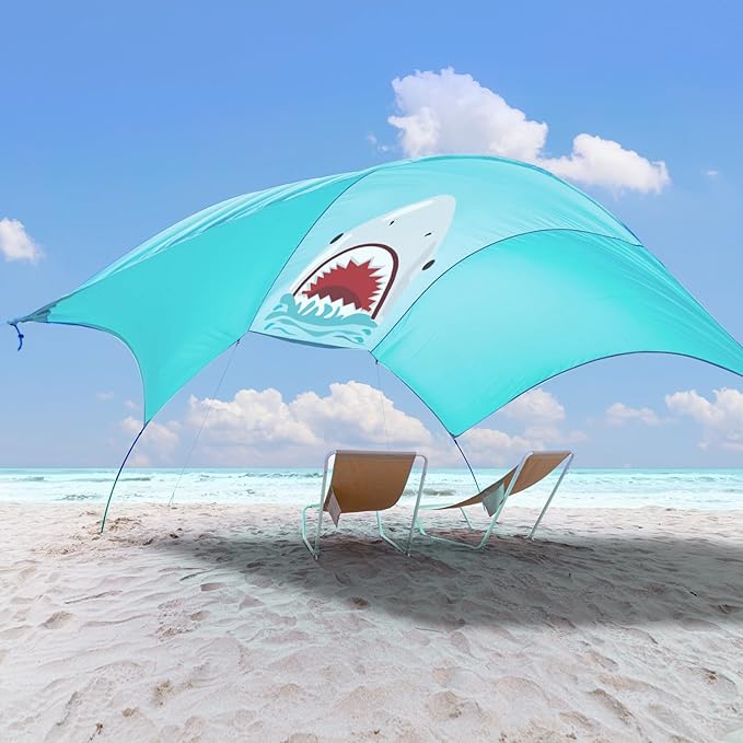 Beach Wind-Powered Shade Canopy Portable Sun Shelter Tent UPF 50+ UV Protection Lightweight Easy Set Up 150 Sq. Ft. of Shade for 3-6 People Blue Tint Shark