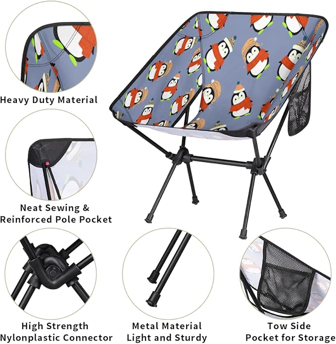 Cute Penguin Pattern Camping Chair Lightweight Portable Chairs for Adults Easy Installation Outdoor Foldable Camping Chair for Camping Fishing Hiking Picnic Beach