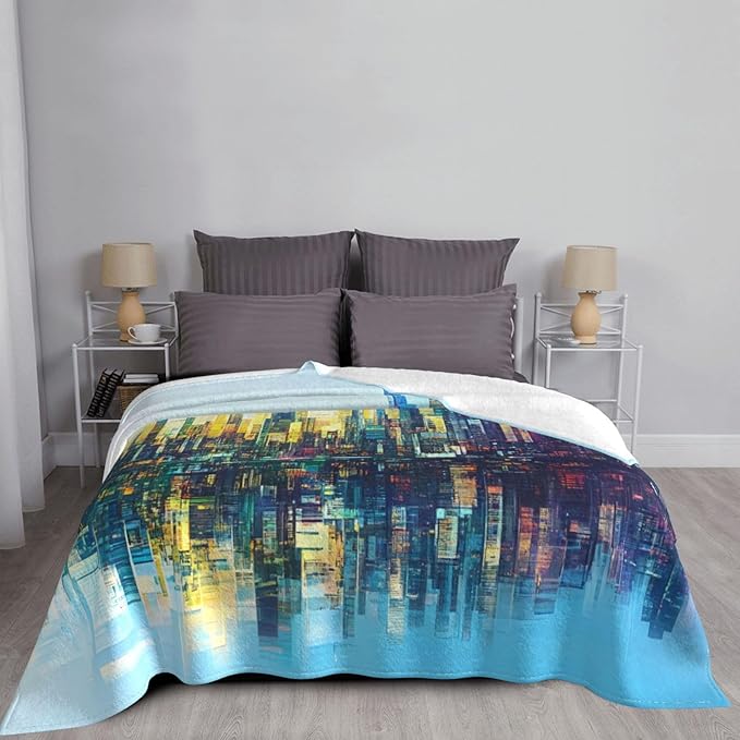 Holographic Reflection City Soft Fleece Blanket 60 * 50 inch Soft Sofa Blanket Suitable for Sofa Camping Travel Night Cover Blanket