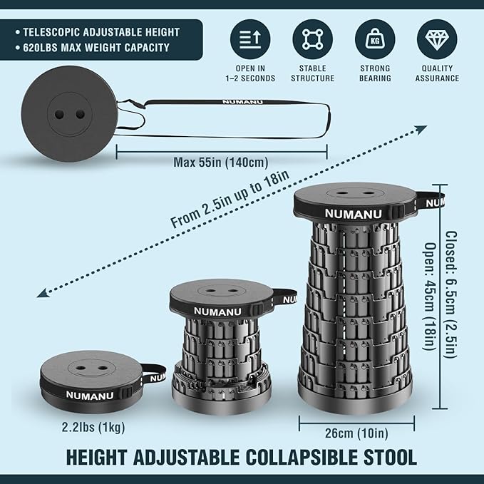 NUMANU 2026 Upgraded Collapsible Stool &amp 3IN1 Cushioned Carry Bag 2.5-18 Height Adjustable Max 620lbs Portable Retractable Telescoping Seat Foldable Camping Stool or Footrest for Adults (Roun