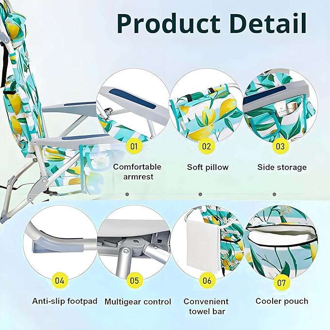 Folding Beach Chair Portable Camping Chair with Headrest Cup Holder &amp Armrests Backpack Beach Chair with 5 Positions Supports 220lbs for Camping Lawn Concert (1-Pack) ‌
