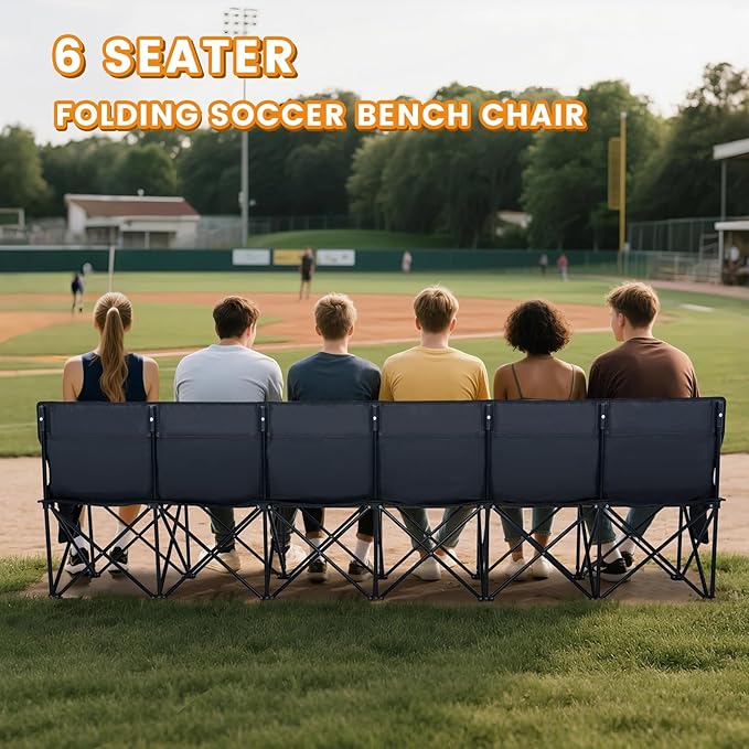 LILYPELLE Portable Bench 6 Seat Soccer Benches for Team Folding Soccer Bench Chair Sideline Benches Camping Chairs for Football Camp Sport Events Outdoor Seating with Carry Bag 1Pack