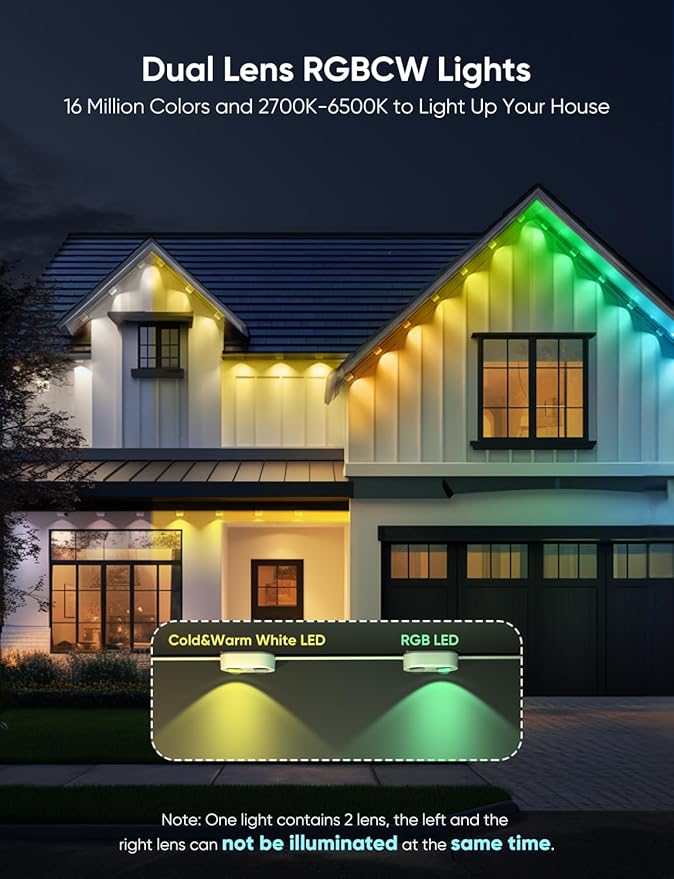 APPECK Permanent Outdoor Lights Pro 100ft 72W RGBCW Eaves Lights with 72 LED Lights 80lm Cuttable 111 Scene Modes IP67 Waterproof Lighting for Halloween Decoration Compatible with Alexa Black