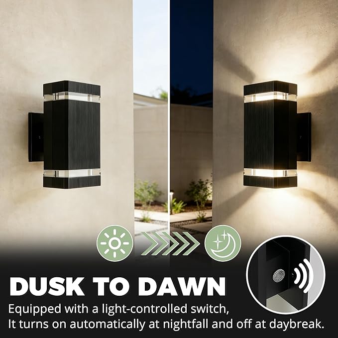 Square Dusk to Dawn Outdoor Lighting Up and Down LED Porch Lights Aluminum Outdoor Wall Lights with 2 * 7W Bulbs 3000K Waterproof Exterior Lighting Fixtures for House Porch Garage Patio Black
