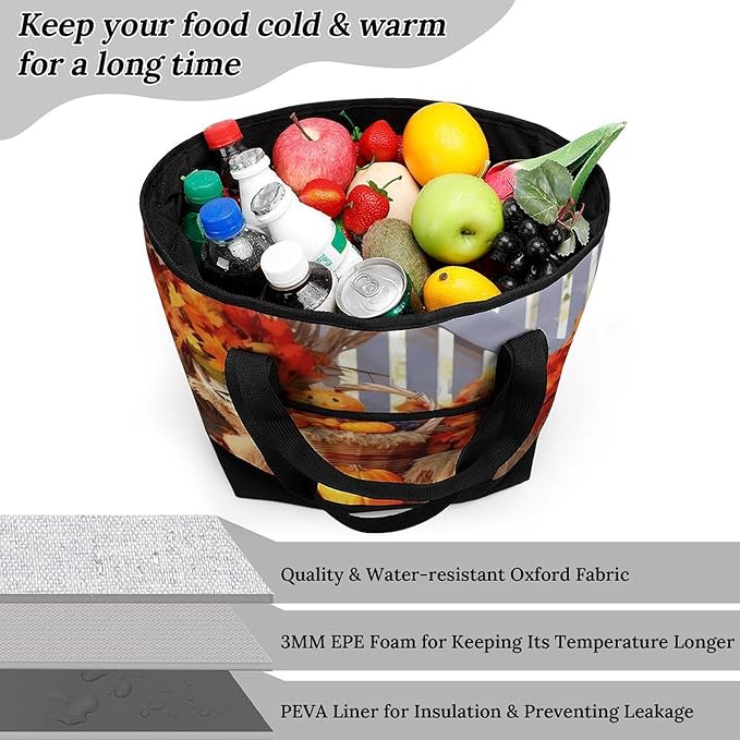 Insulated Shopping BagLarge Reusable Cooler Bags Autumn Thanksgiving Printed Foldable Shopping BagTravel Waterproof Shoulder Bag