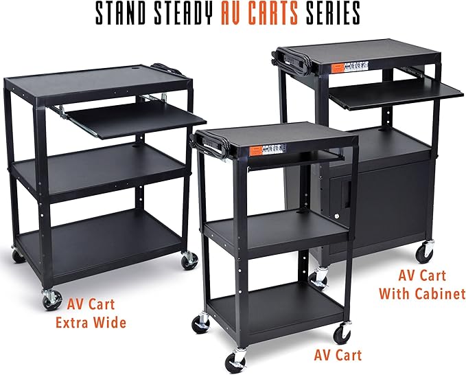 Stand Steady AV Cart with Locking Cabinet Adjustable Height UL Certified Steel Frame Black