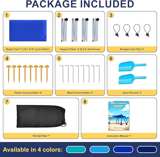 Beach Tent Sun Shelter UPF 50+10x10 FT Beach Canopy Tent Sun ShadePop Up Beach Canopy with 8 SandbagsOutdoor Beach Shade for Camping Trips Fishing Backyard Fun Picnics (Royal Blue)