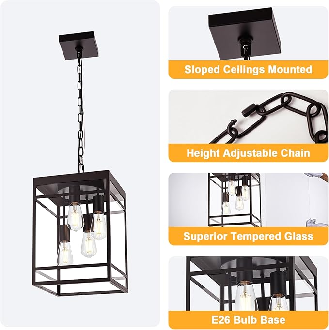 4-Light Outdoor Pendant Lights for Porch Oil Rubbed Bronze Outdoor Chandelier 15.7'' Exterior Hanging Porch Light Fixtures w/Clear Glass Waterproof Outside Pendant Lantern for Garage Foyer