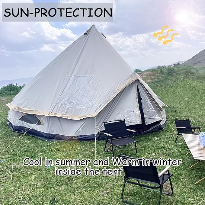 Backpacking Bell Tent with Top Stove Jack for All Year Camping 300D Oxford Waterproof Yurt Tents for GlampingPartiesOutdoor Events(Off White13ft/16.4ft)
