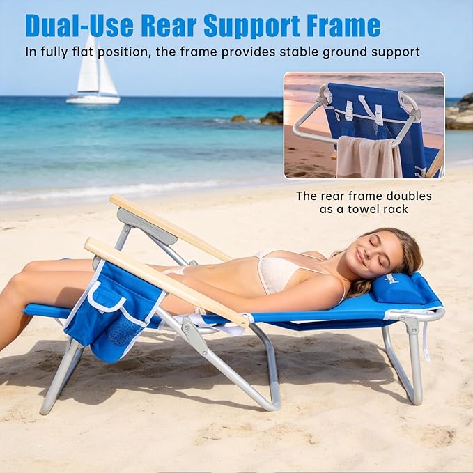 SUNNYFEEL Tall Beach Chair Reclining Beach Chair with 5-Position Portable Camping Chair for Adults with Wood Armrest Lightweight Camping Chair 300 lbs Heavy Duty Blue 2 Pack