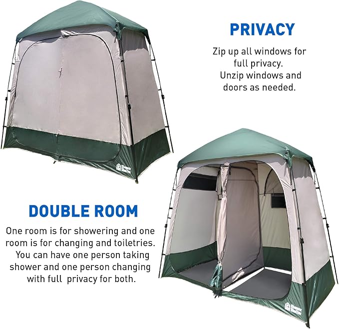 EasyGo Product Shower Shelter – Giant Portable Outdoor Pop UP Camping Shower Tent Enclosure – Changing Room – 2 Rooms – Instant Tent – 7.5' Tall x 4' Deep x 7.5' Wide Green
