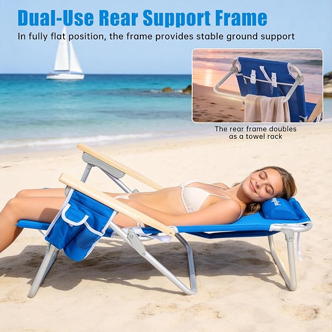 SUNNYFEEL Low Back Folding Beach Chair Aluminum Heavy Duty Beach Chair with 5-Position Portable Camping Chair for Adults with Wood Armrest Lightweight Camping Chair 300lbs Blue