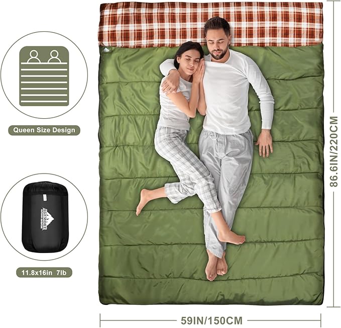 AGEMORE Cotton Flannel Double Sleeping Bag for Camping Backpacking Or Hiking. Queen Size 2 Person Waterproof Sleeping Bag for Adults Or Teens. Lightweight with Compression Sack