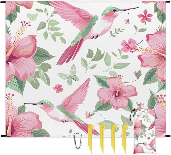 Waterproof Sandproof Beach Blanket 59''×68'' Pink-Hummingbird Polyester Outdoor Picnic Blanket with 4 Stakes &amp Storage Bag for BeachCampingVacation Pink