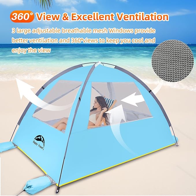 Happy Travel Beach Tent UPF 50+ UV Protection Sun Shade Shelter for 3/4/5/6/7/8 Person Portable Beach Canopy for Family &amp Baby Lightweight &amp Easy Setup Beach Cabana with 3 Ventilation Mesh