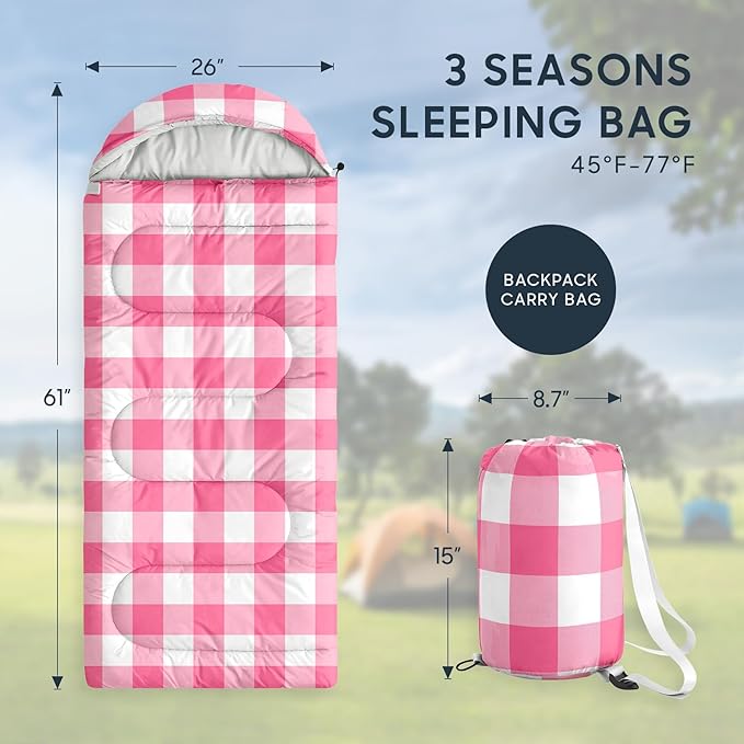 Wake In Cloud - Kids Sleeping Bag for Boys Girls Toddlers Camping in Warm Cold Weather Backpacking Lightweight Compact Outdoor Liner for 3 Seasons Gingham Plaid