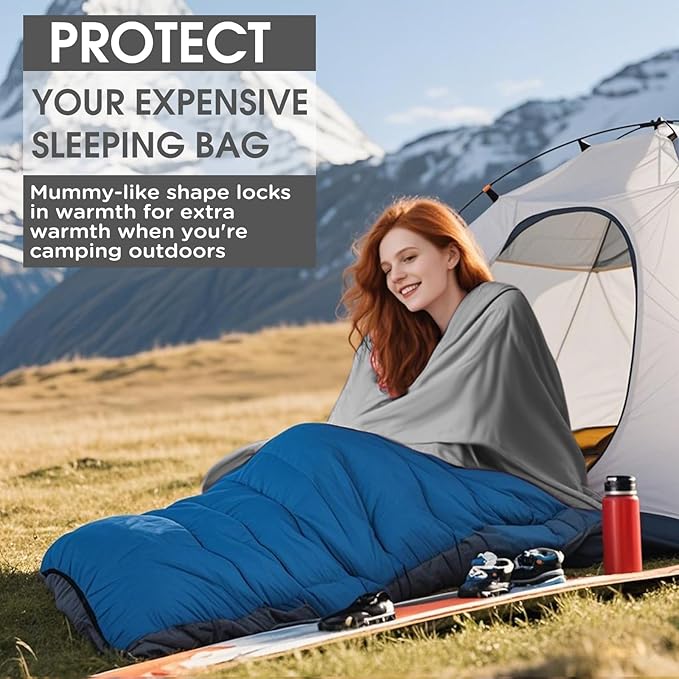 Ultralight Sleeping Bag Liner - 5.3 oz Washable Adult Sleep Sack &amp Travel Sheets Self Tan Sleep Sack with Two-Way-Zipper for Backpacking Hotel Camping Travel