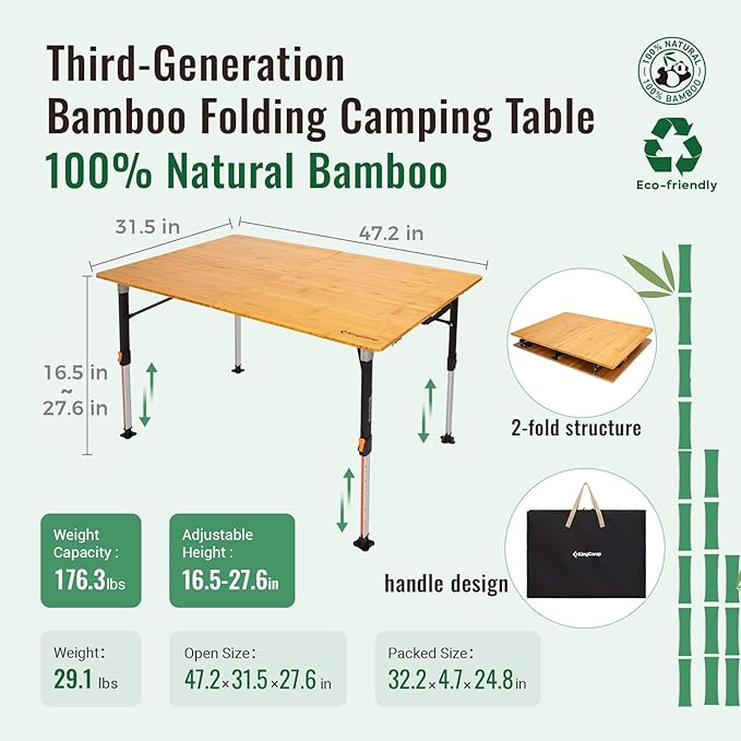 KingCamp Bamboo Folding Table 4-Fold Camping Adjustable Height Portable Outdoor Lightweight &amp Compact Table with Aluminum Frame for RV Picnic BBQ Tailgating